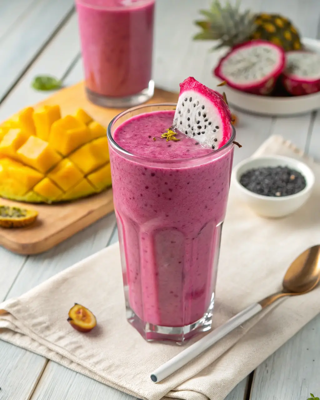 Bright pink dragon fruit smoothie in a tall glass topped with a fruit slice.