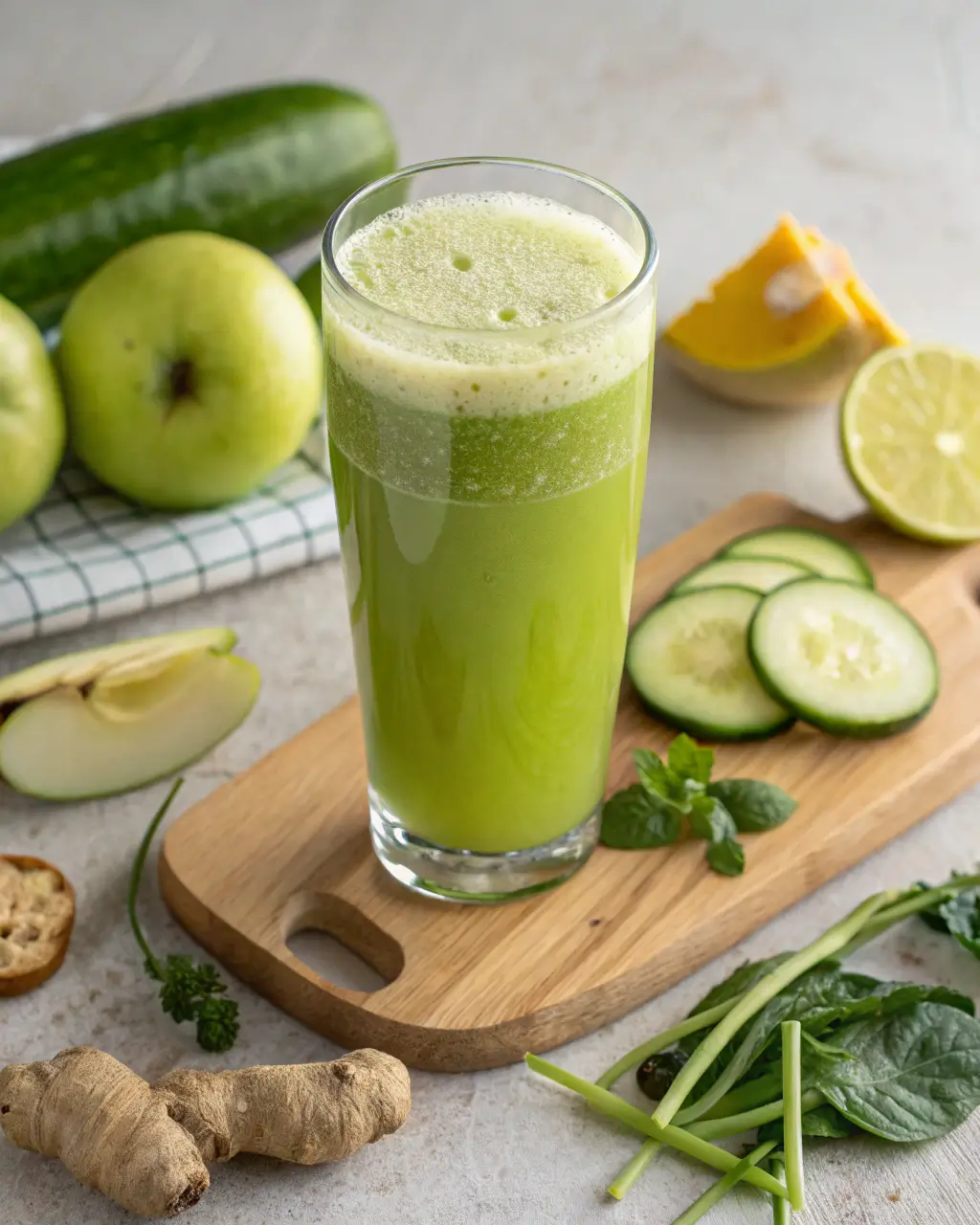 Tall glass of green apple ginger juice surrounded by fresh ingredients like cucumber and spinach.