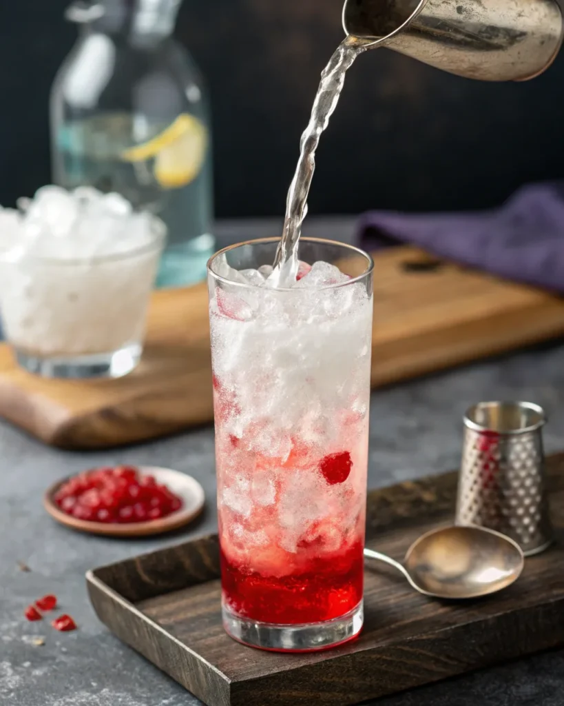Clear liquid poured into layered red and white Bomb Pop cocktail in a tall glass.