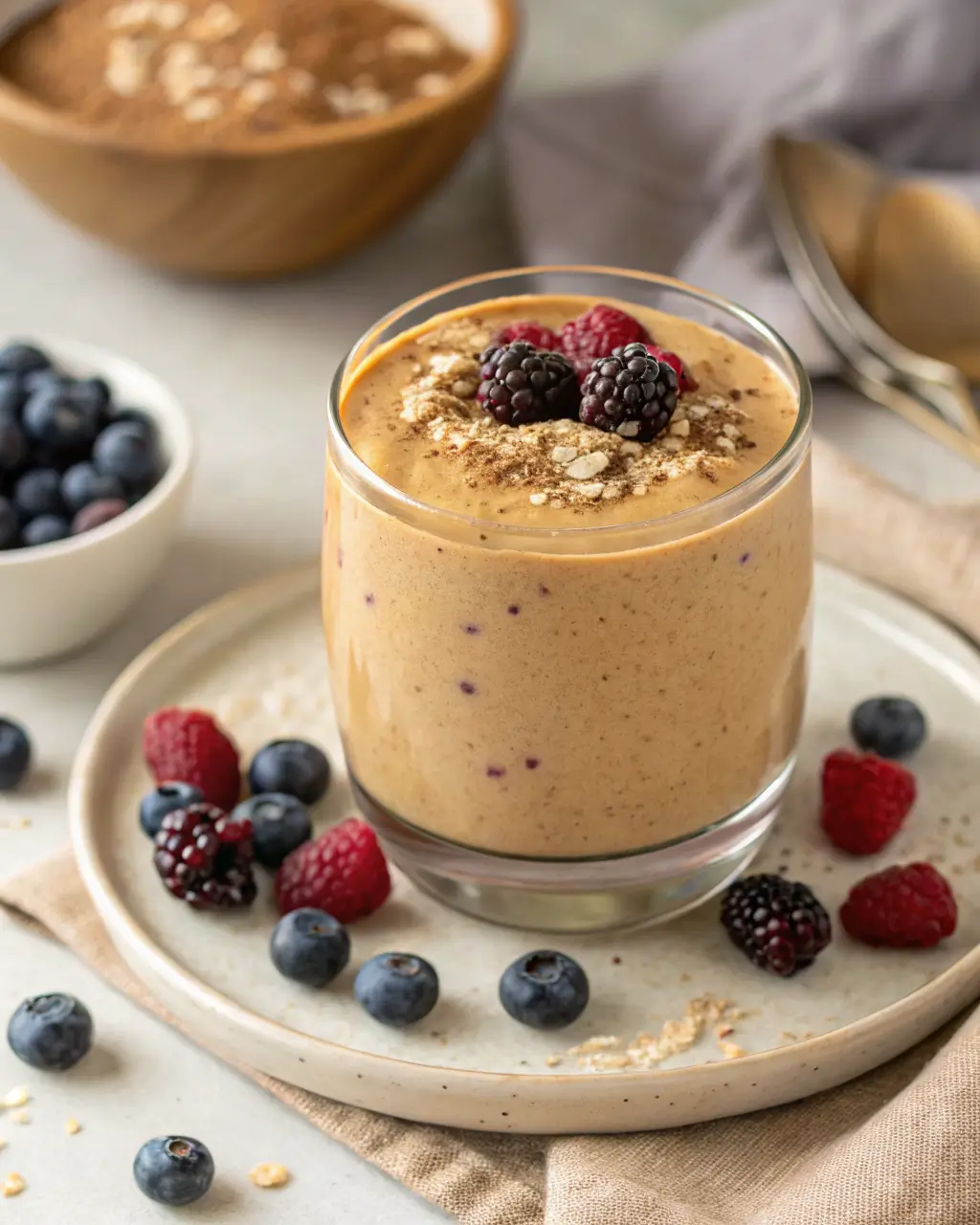 Glass of peanut butter smoothie topped with berries and oats on a ceramic plate.