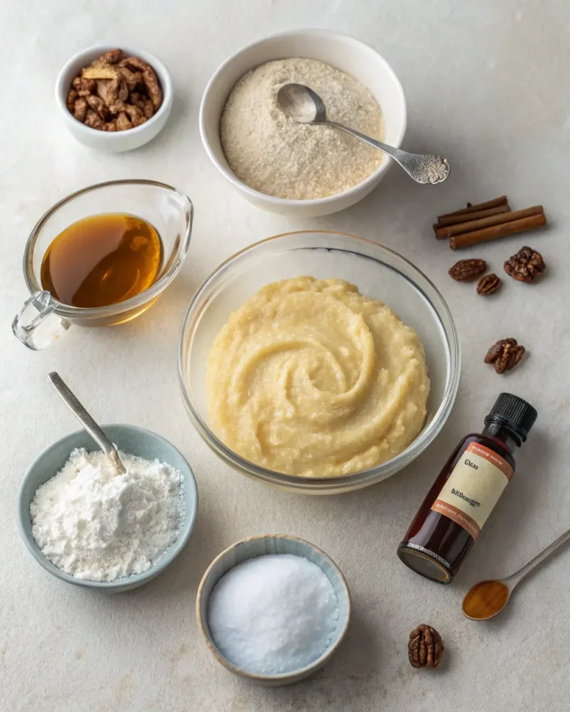 Baking ingredients including applesauce, flour, vanilla, and spices laid out on a counter.