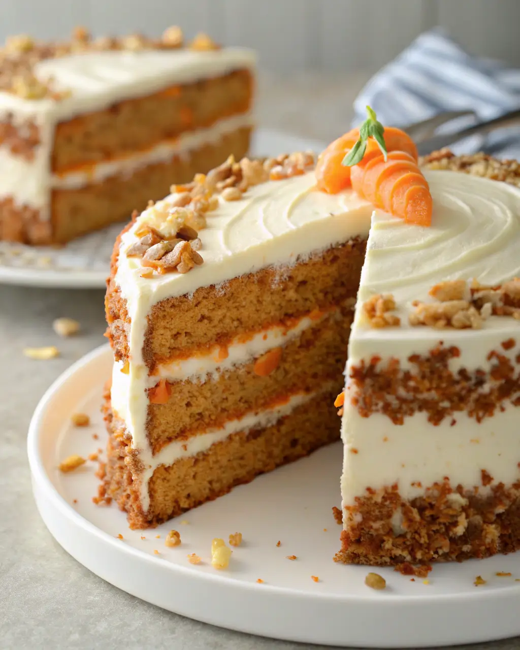 Mixing cream cheese frosting with carrot cake layers, pecans and carrots nearby