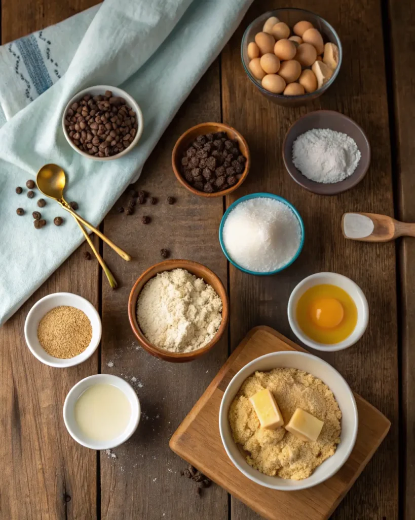 Baking ingredients for cookies arranged neatly on a rustic wooden table.