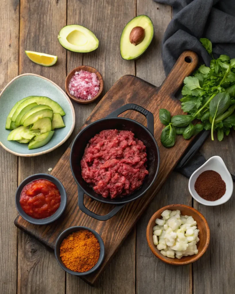 Flat lay of raw ground meat, avocado, spices, salsa, onions, and fresh herbs on a wooden board.