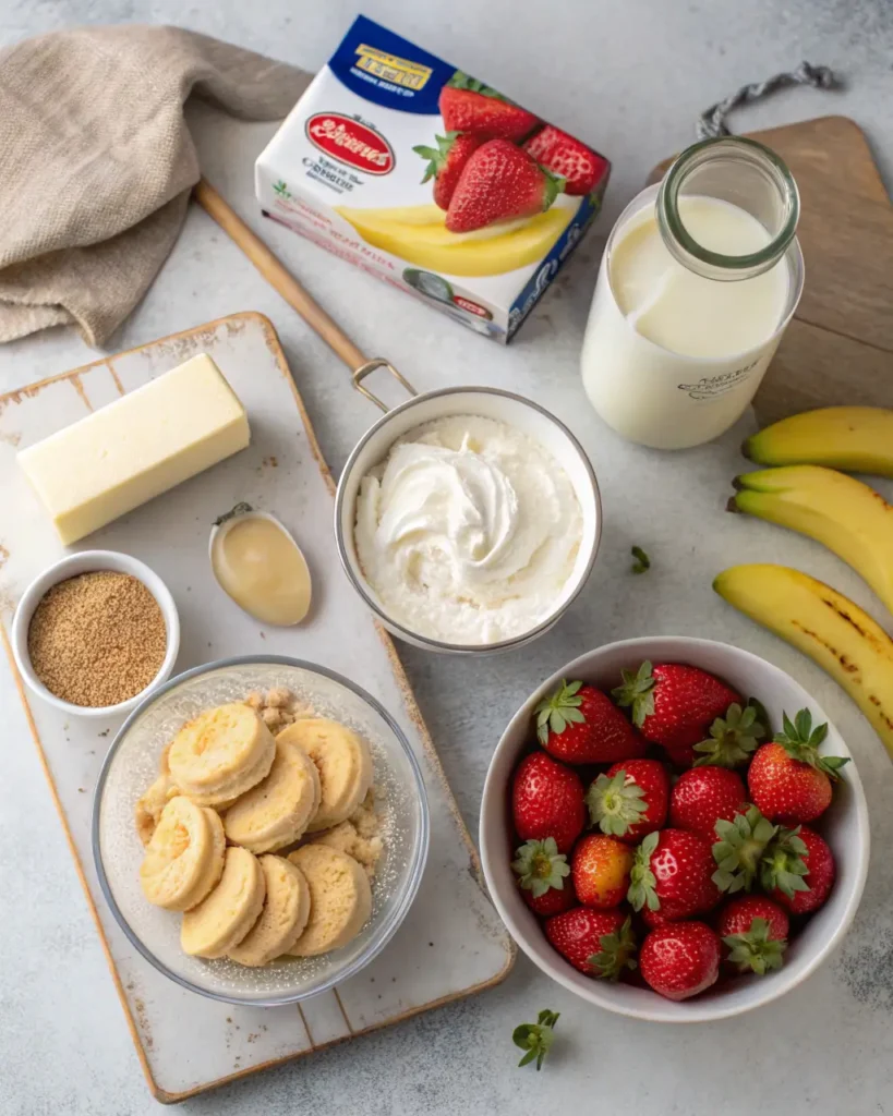 Ingredients for strawberry banana pudding arranged neatly on a kitchen counter.