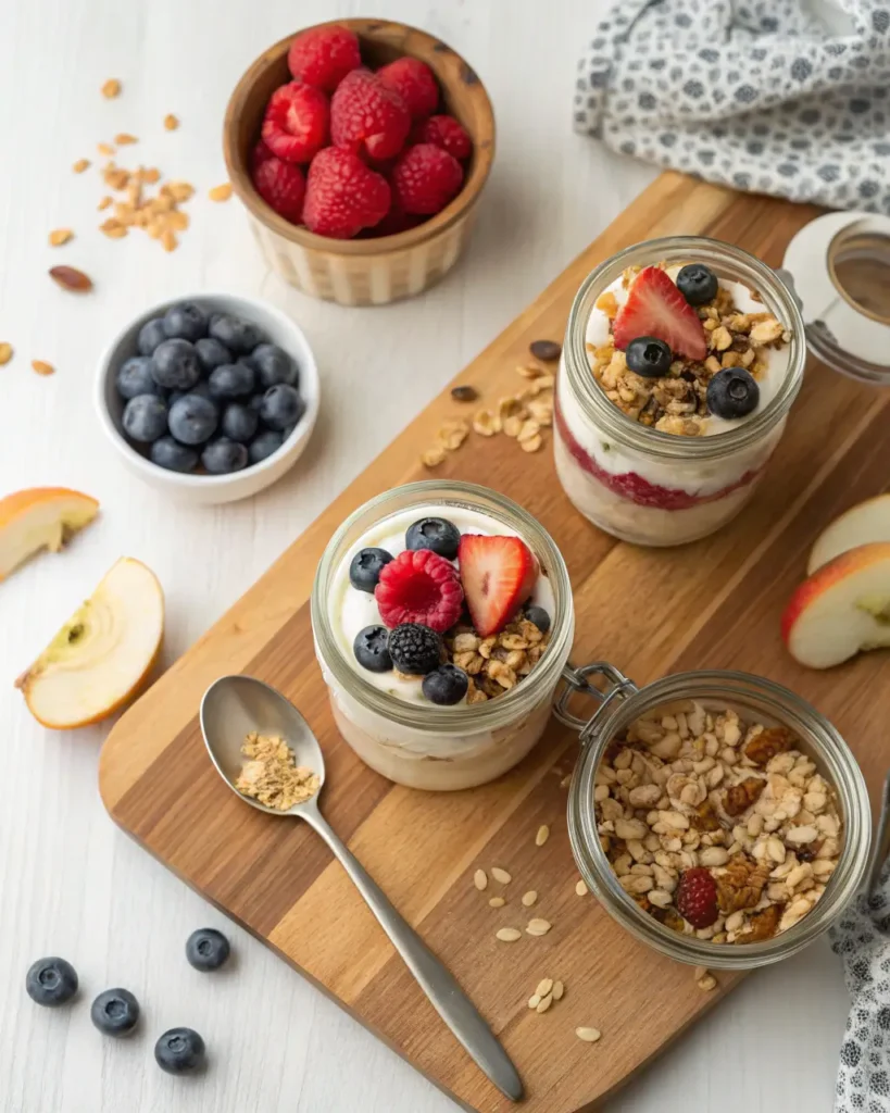 Three mason jars filled with yogurt, granola, and fresh berries on a wooden board.