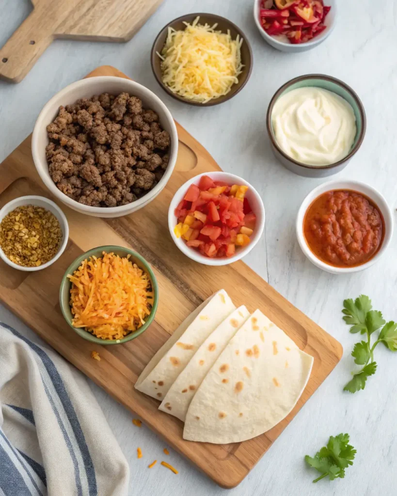 Flat lay of burrito ingredients including ground beef, cheese, tortillas, and toppings.