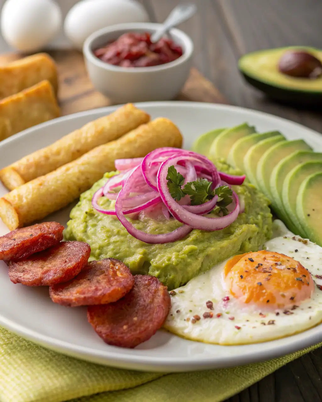Dominican mangu with tres golpes: mashed plantains, fried salami, egg, cheese, avocado, and pickled red onions.