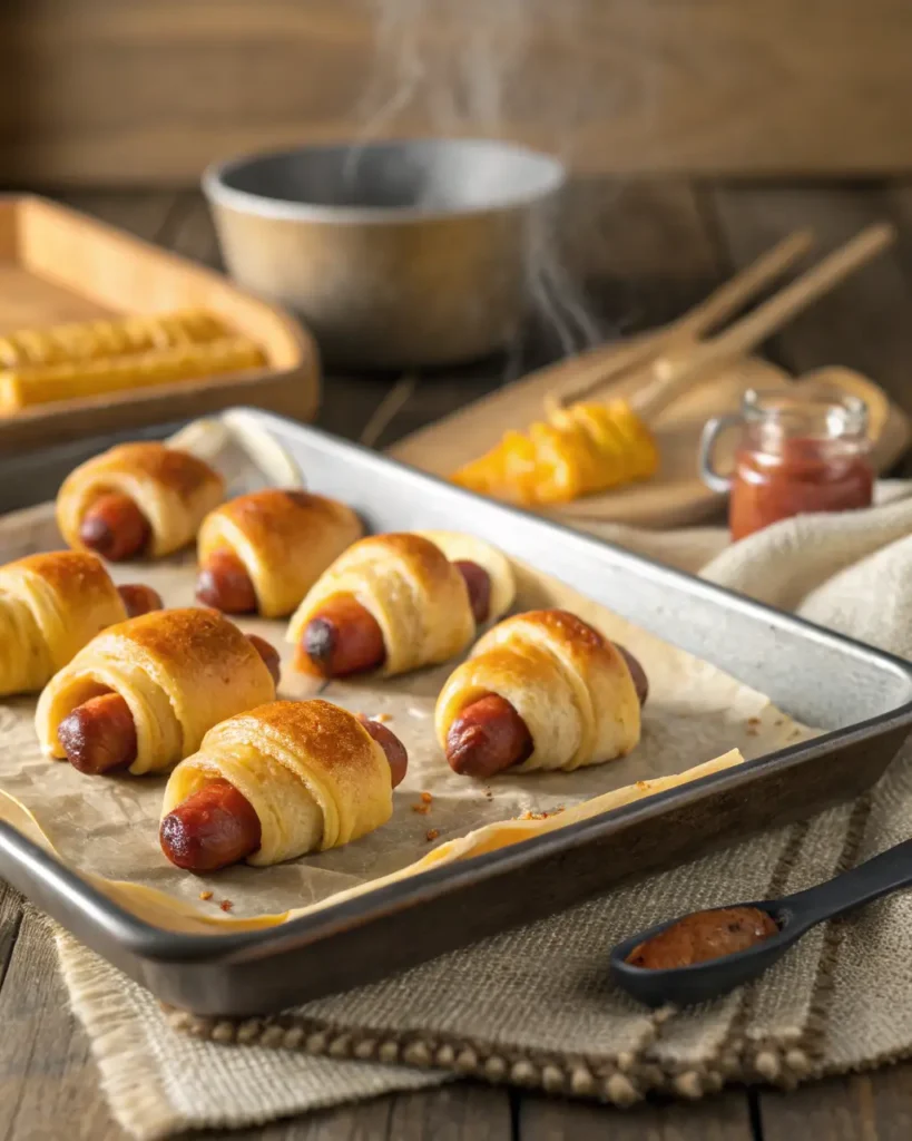 Freshly baked pigs in a blanket on a tray, ready to serve.
