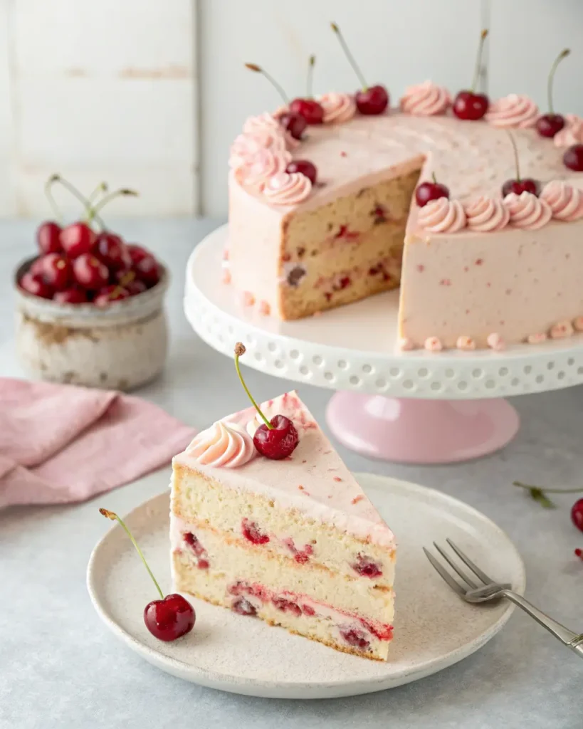 Cherry Chip Cake Recipe: A Sweet Slice of Nostalgia Layered cherry chip cake with pink frosting and cherries, served with a slice on a plate.