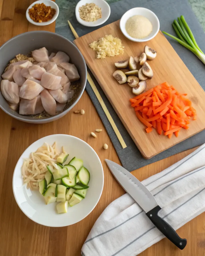 Chopped chicken, vegetables, and seasonings prepared on a kitchen counter for hibachi cooking.