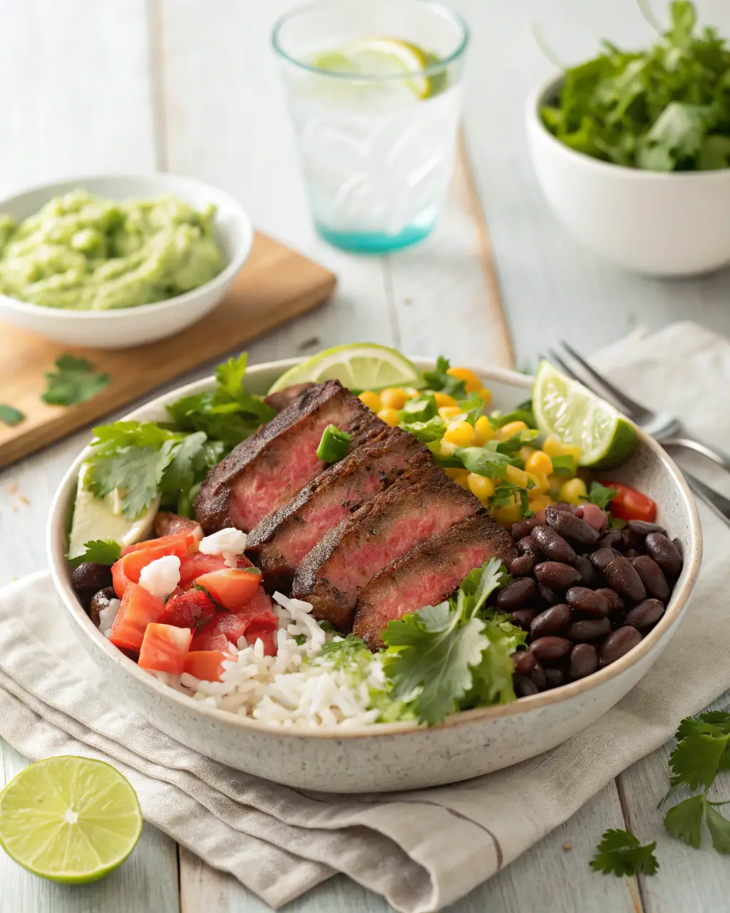 Sliced steak served in a burrito bowl with rice, beans, corn, and fresh toppings.