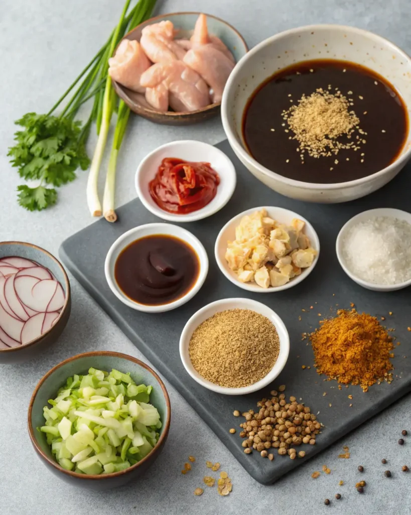 Ingredients for Asian chicken rice bowls including sauces, spices, and raw chicken