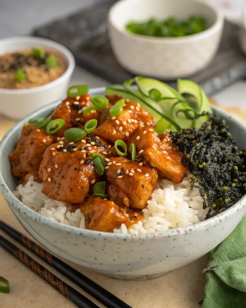 Asian chicken rice bowl with sticky sauce, white rice, nori, and green onions