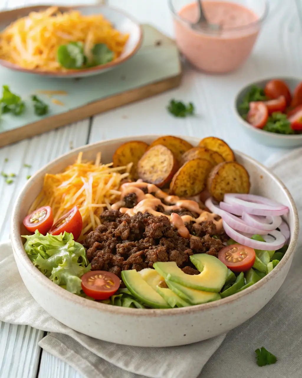 A healthy burger bowl with grilled patty, roasted potatoes, guacamole, onions, and tomatoes.
