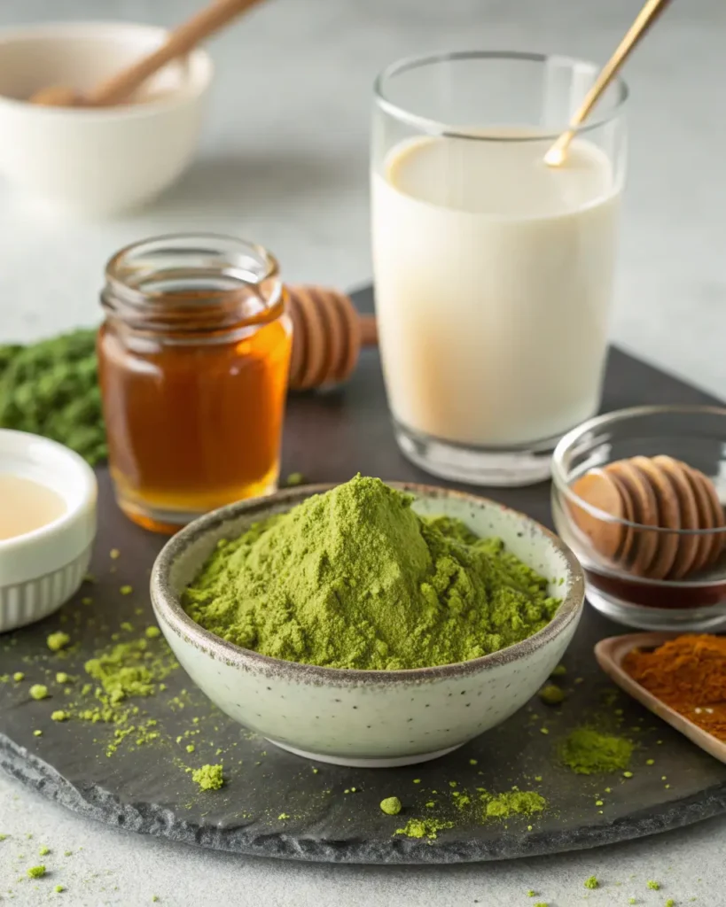 Bowl of vibrant green matcha powder with honey, milk, and sweetener on slate board for latte preparation