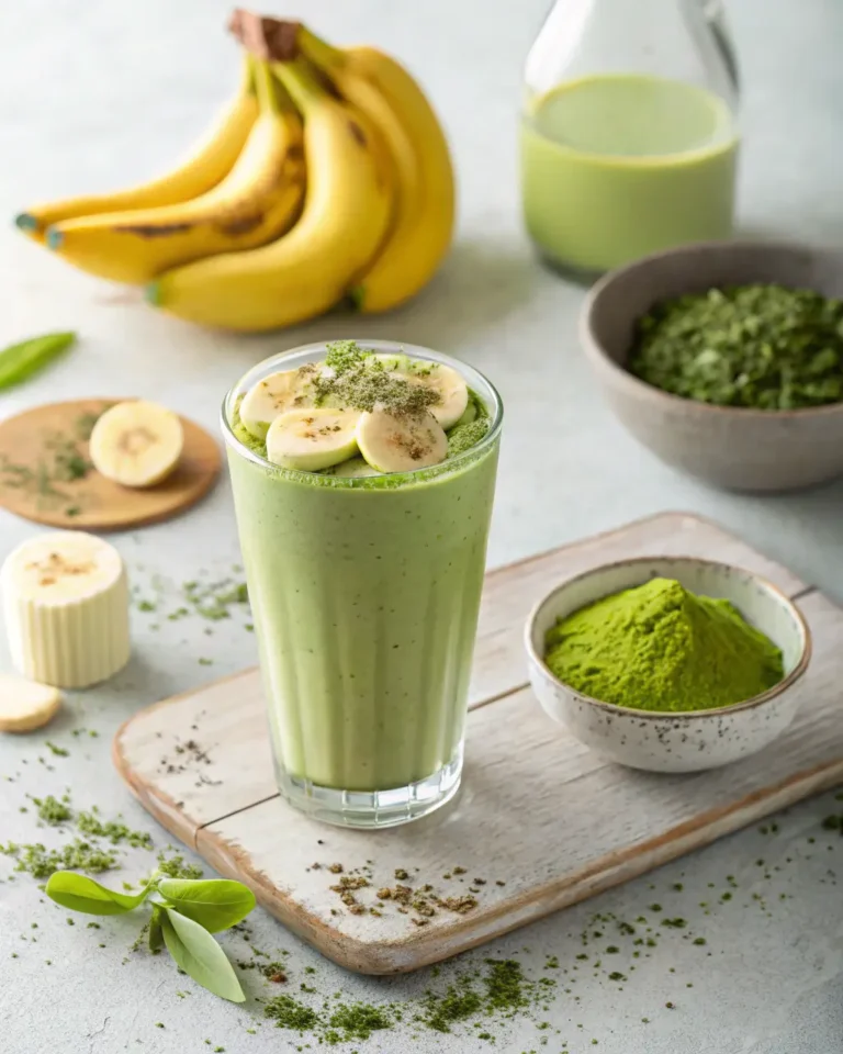 Banana matcha smoothie in a glass topped with banana slices and matcha powder