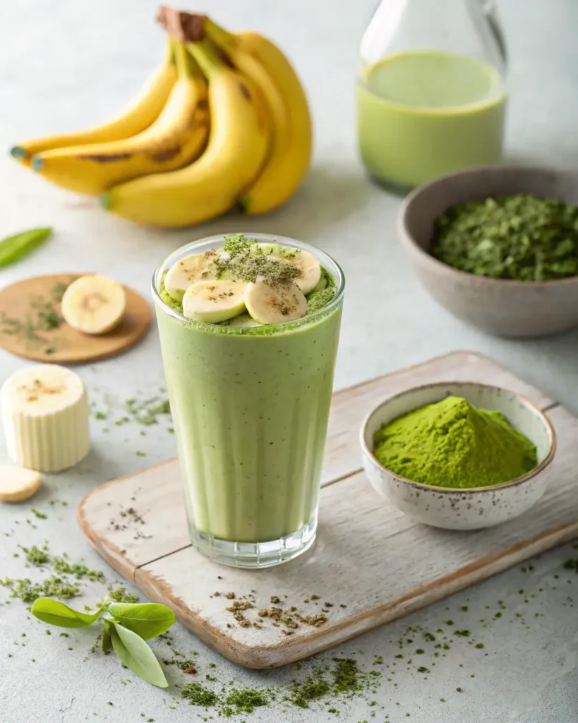 Banana matcha smoothie in a glass topped with banana slices and matcha powder