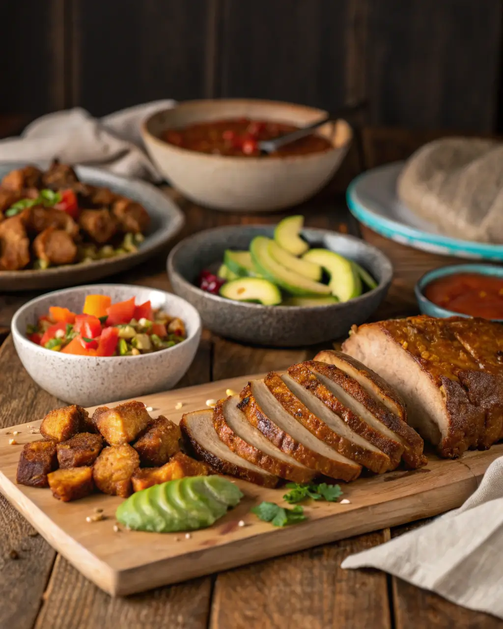 Sliced seitan roast served with crispy bites, avocado, and colorful side dishes.