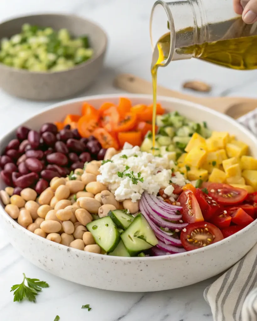 Olive oil being poured over a colorful bowl of beans, vegetables, and crumbled cheese.