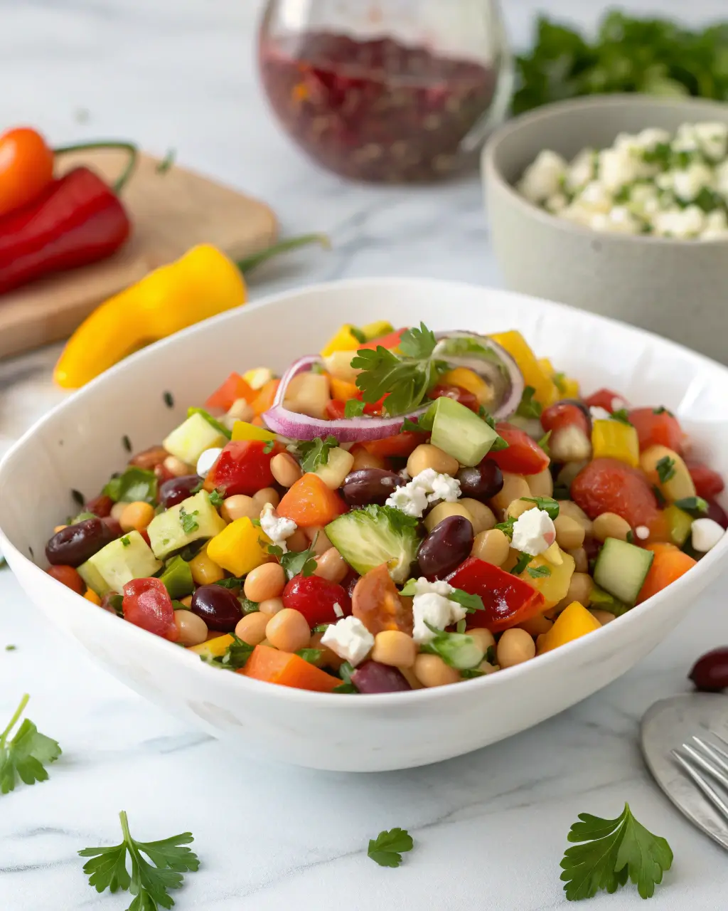 Colorful Mediterranean bean salad with chopped vegetables, olives, and crumbled cheese in a white bowl.