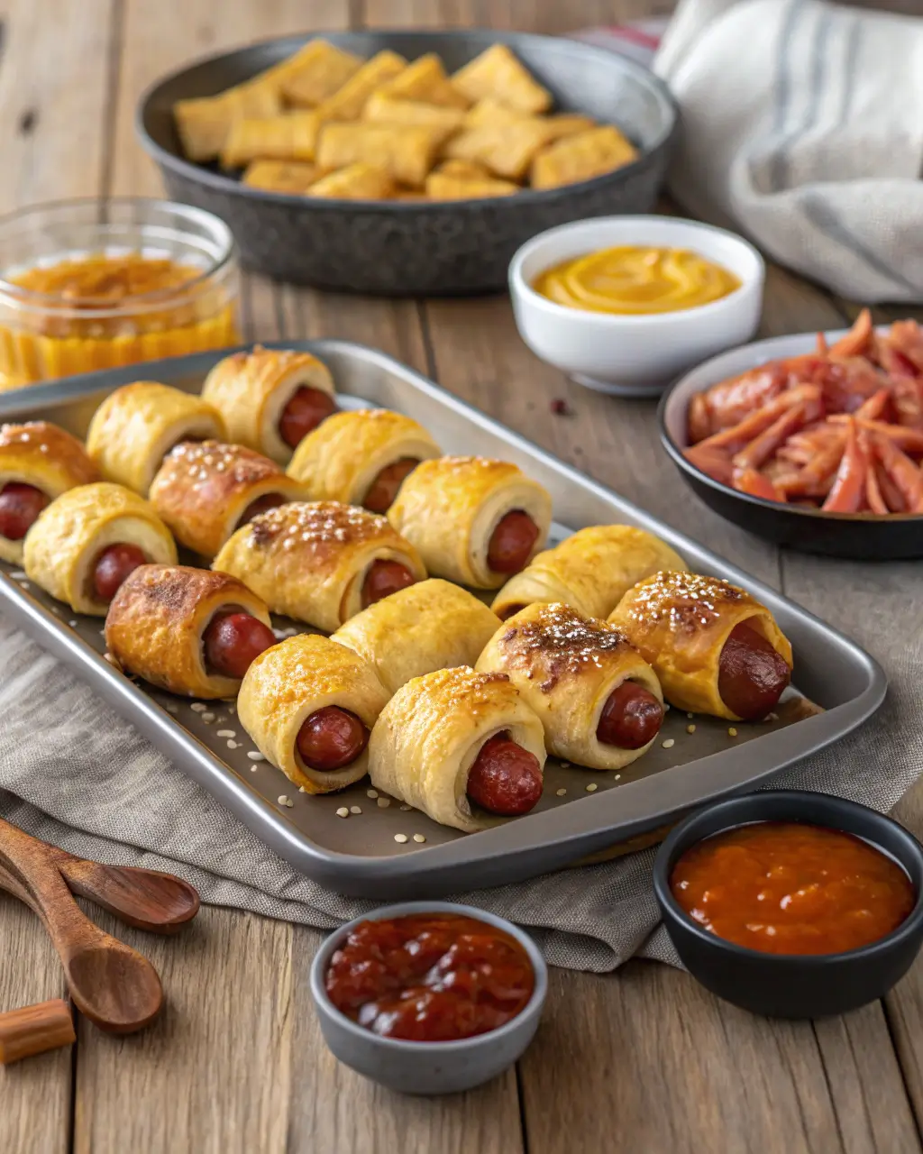 Golden pigs in a blanket served on a tray with dipping sauces nearby.