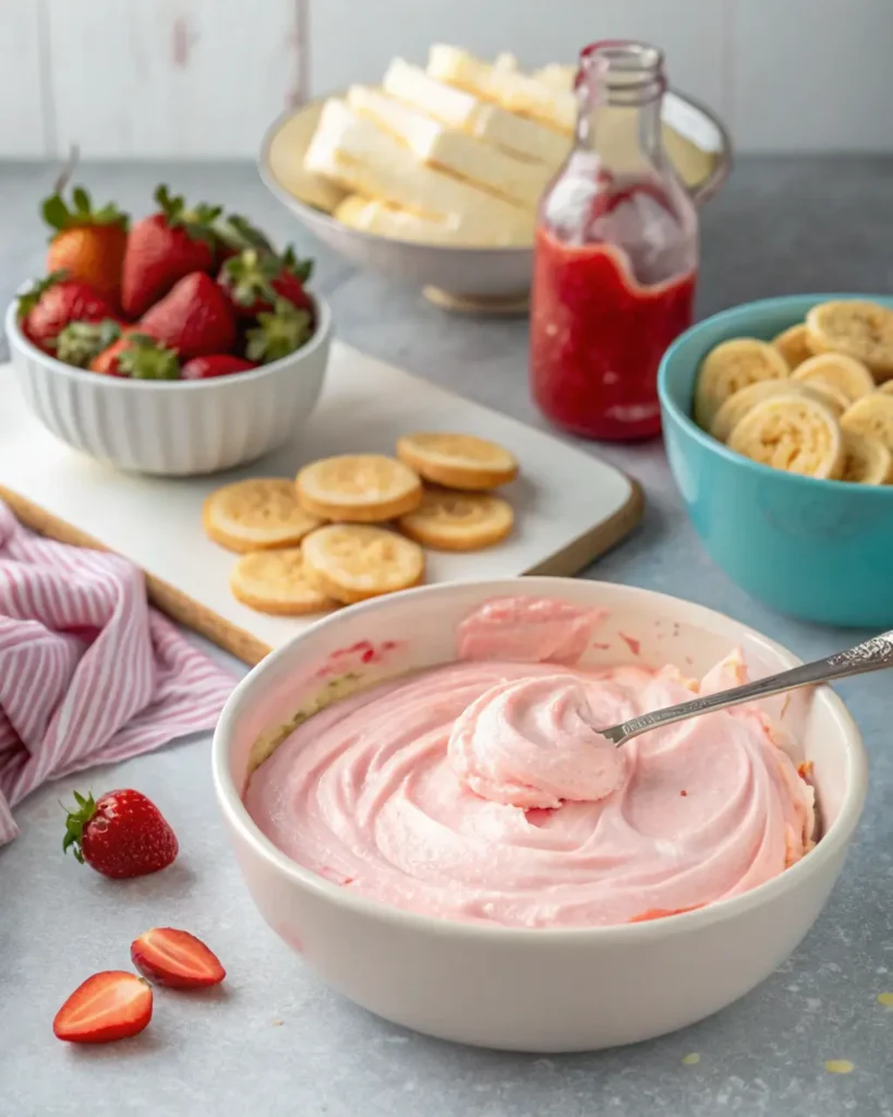 Bowl of fluffy pink strawberry banana pudding surrounded by fresh fruit, cookies, and syrup.