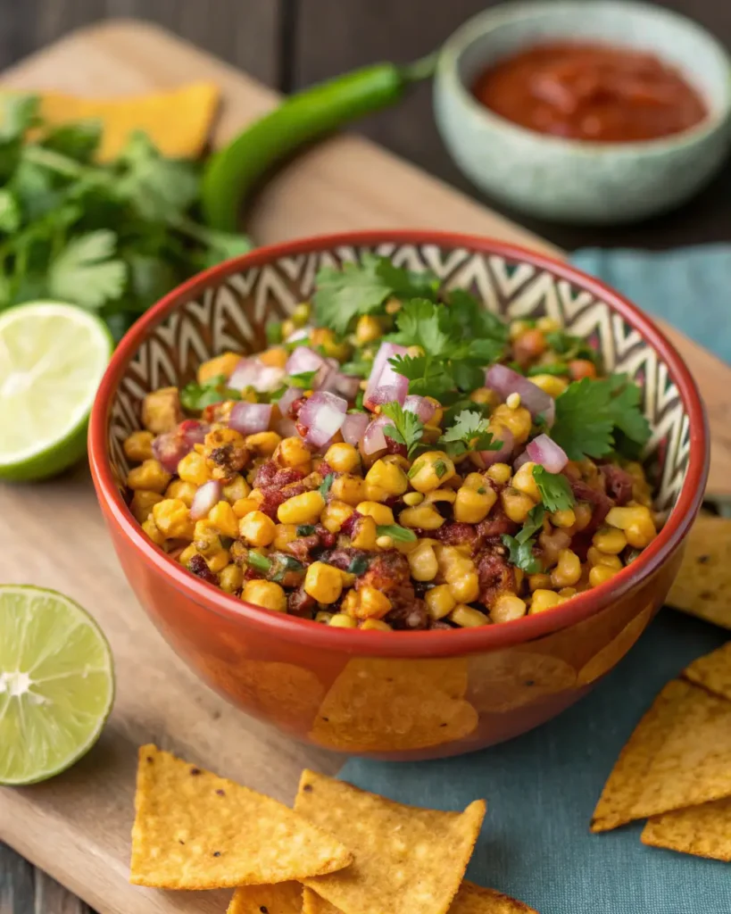 Chipotle corn salsa in a red bowl with fresh cilantro, red onion, lime, and tortilla chips