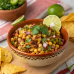 Rustic bowl of chipotle corn salsa with lime, tortilla chips, and fresh cilantro on a wooden board
