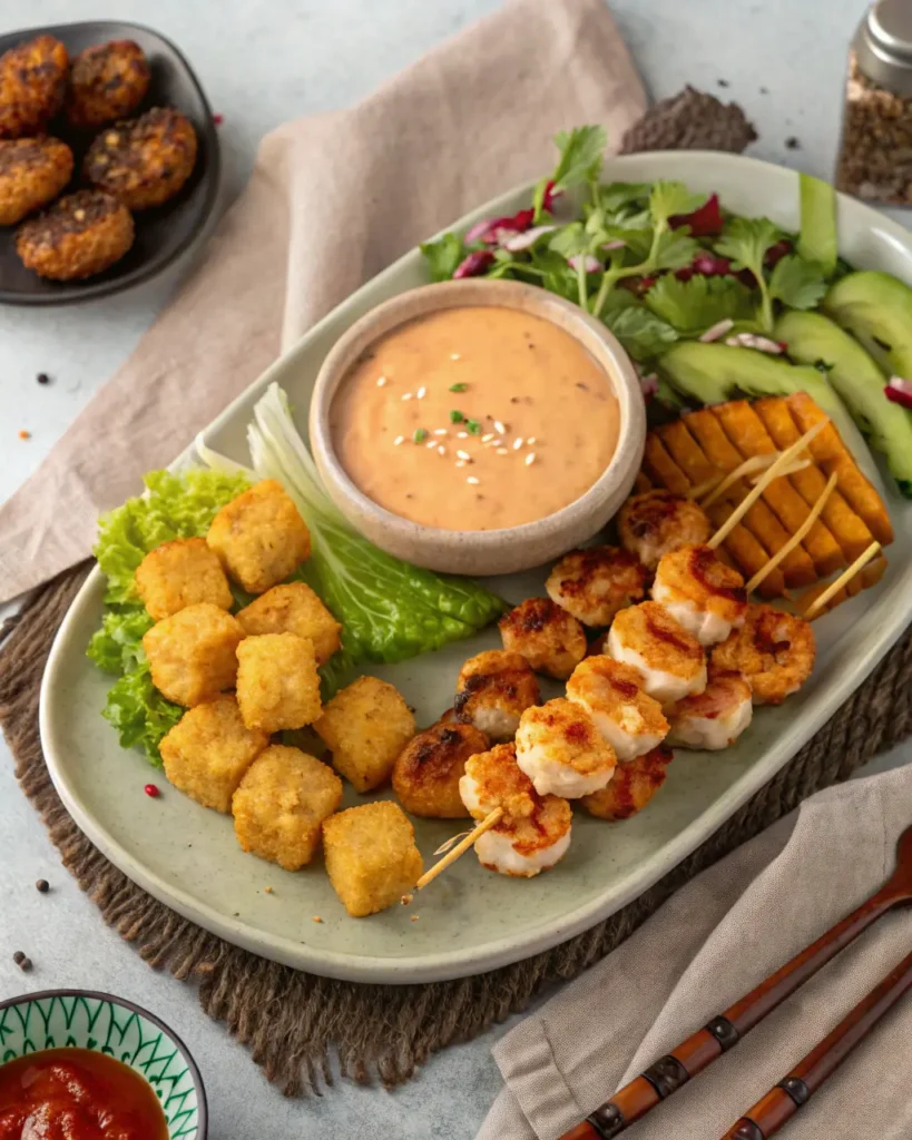 Bang Bang Sauce Recipe A platter of shrimp skewers, tofu bites, veggies, and Bang Bang Sauce in a dipping bowl.