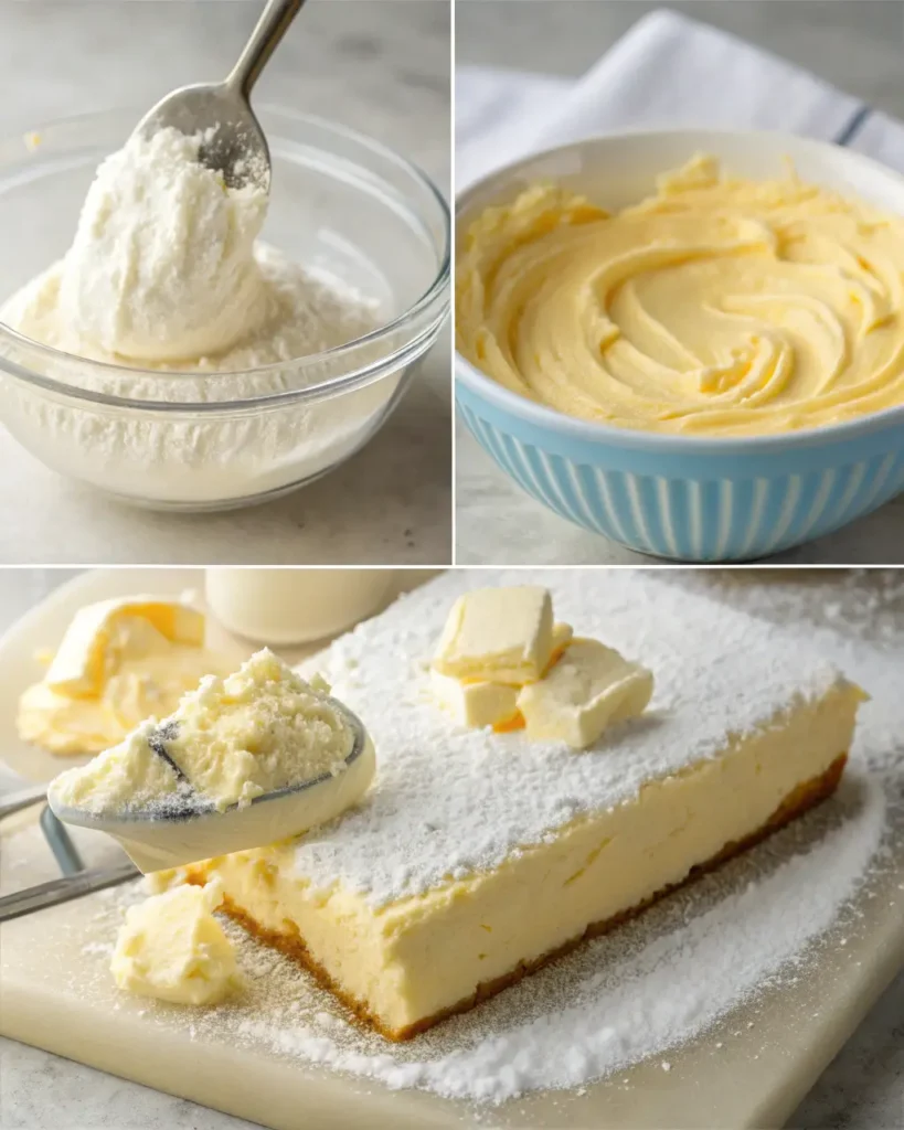Cream cheese frosting preparation with butter, sugar, and whipped texture
