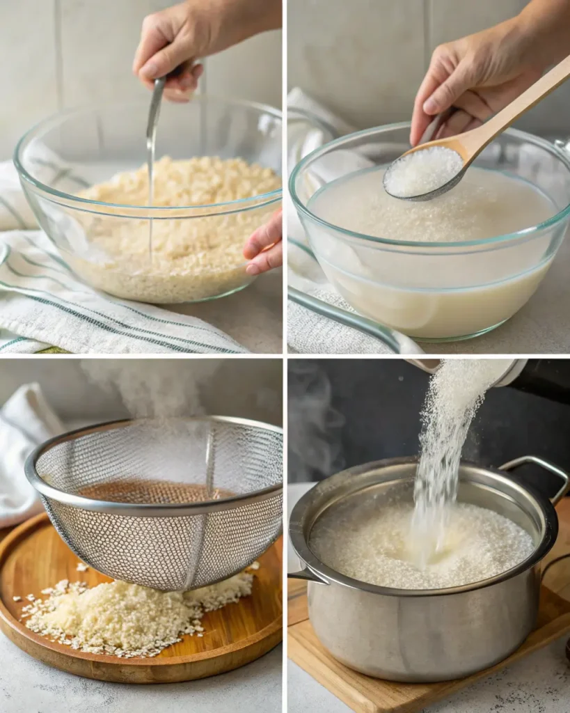 Step-by-step process of rinsing, soaking, draining, and cooking rice for arroz con leche.