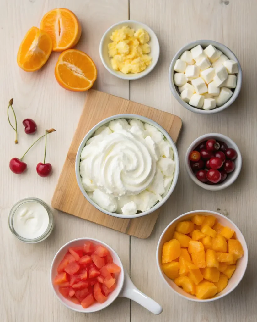 Ingredients for ambrosia salad including whipped topping, fruit, marshmallows, and cherries.