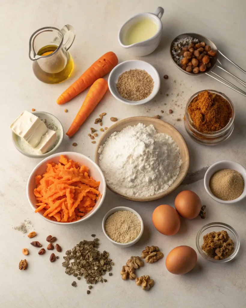 Ingredients for homemade carrot cake with spices, eggs, and carrots