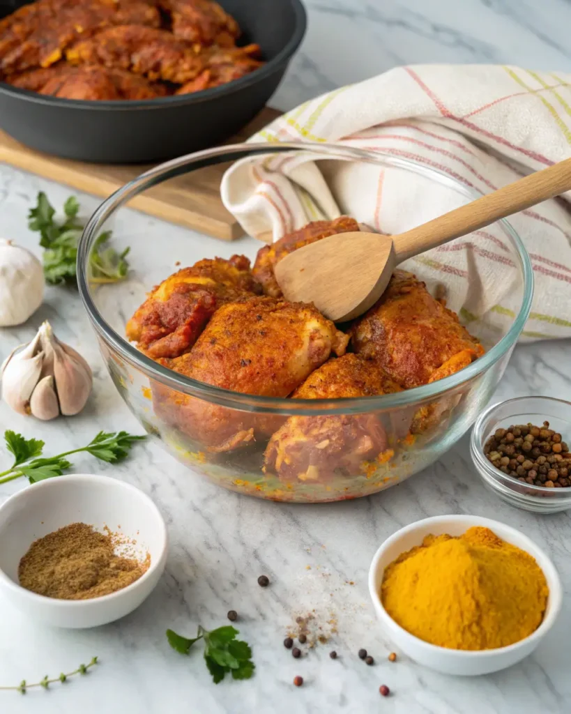 Marinated chicken thighs in a glass bowl surrounded by spices and garlic on a counter.