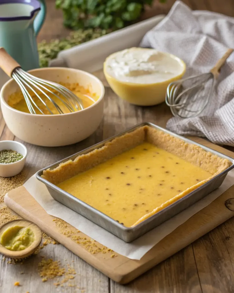 Unbaked passion fruit bar mixture in a pan surrounded by mixing bowls and whisks.