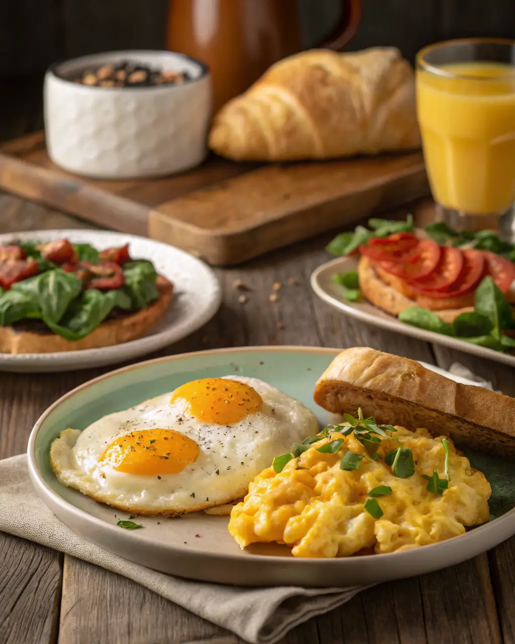 Plate of scrambled and fried eggs with toast, served alongside croissants and juice.
