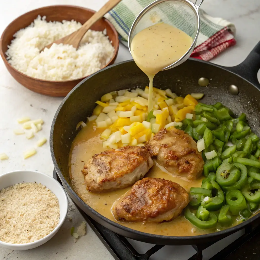 Pouring creamy gravy over seared chicken with diced peppers and onions in a skillet.