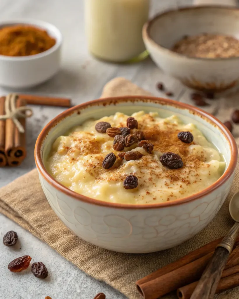 Creamy old fashioned rice pudding in a bowl topped with cinnamon and raisins, surrounded by cinnamon sticks and spices.