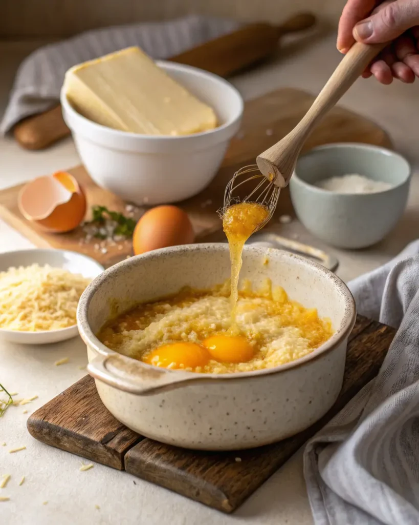 Whisk mixing raw eggs into hot pastina inside a rustic ceramic pot.