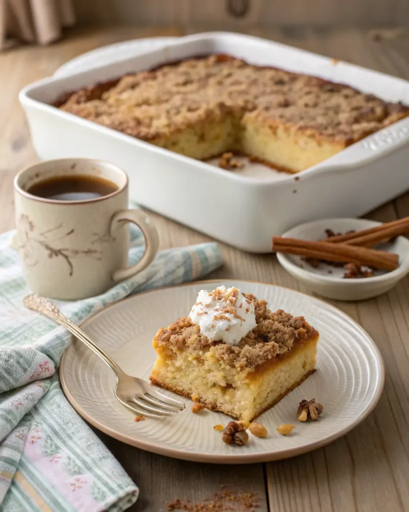 applesauce coffee cake recipe Slice of applesauce coffee cake topped with whipped cream beside a cup of coffee.