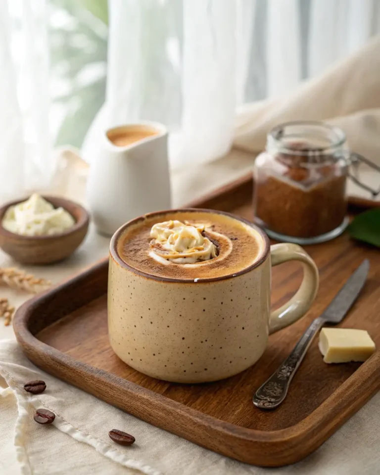 Creamy coffee topped with whipped butter and cinnamon on a wooden tray.