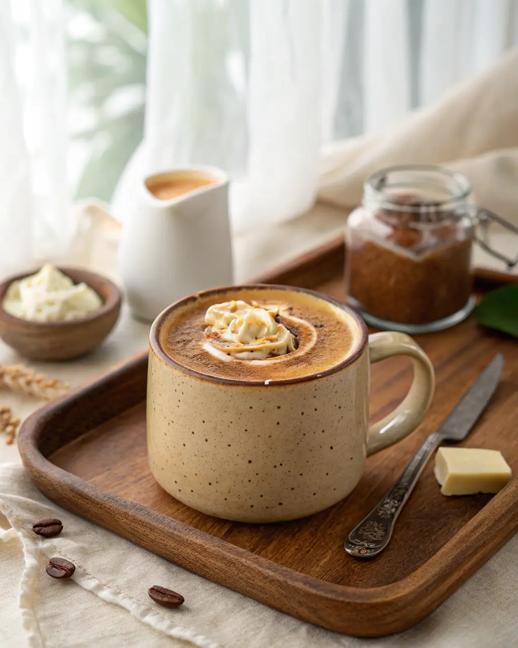 Creamy coffee topped with whipped butter and cinnamon on a wooden tray.