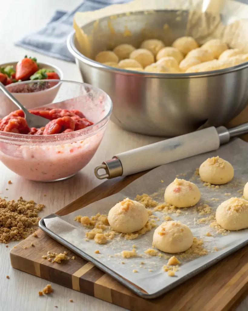 Unbaked strawberry cheesecake cookie dough balls on a tray with crumble and strawberry filling nearby.