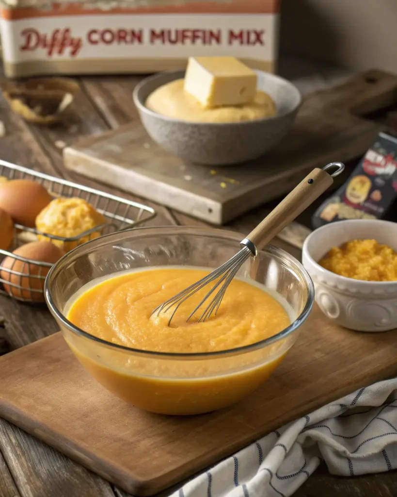 Bowl of sweet potato cornbread batter being whisked on a wooden surface