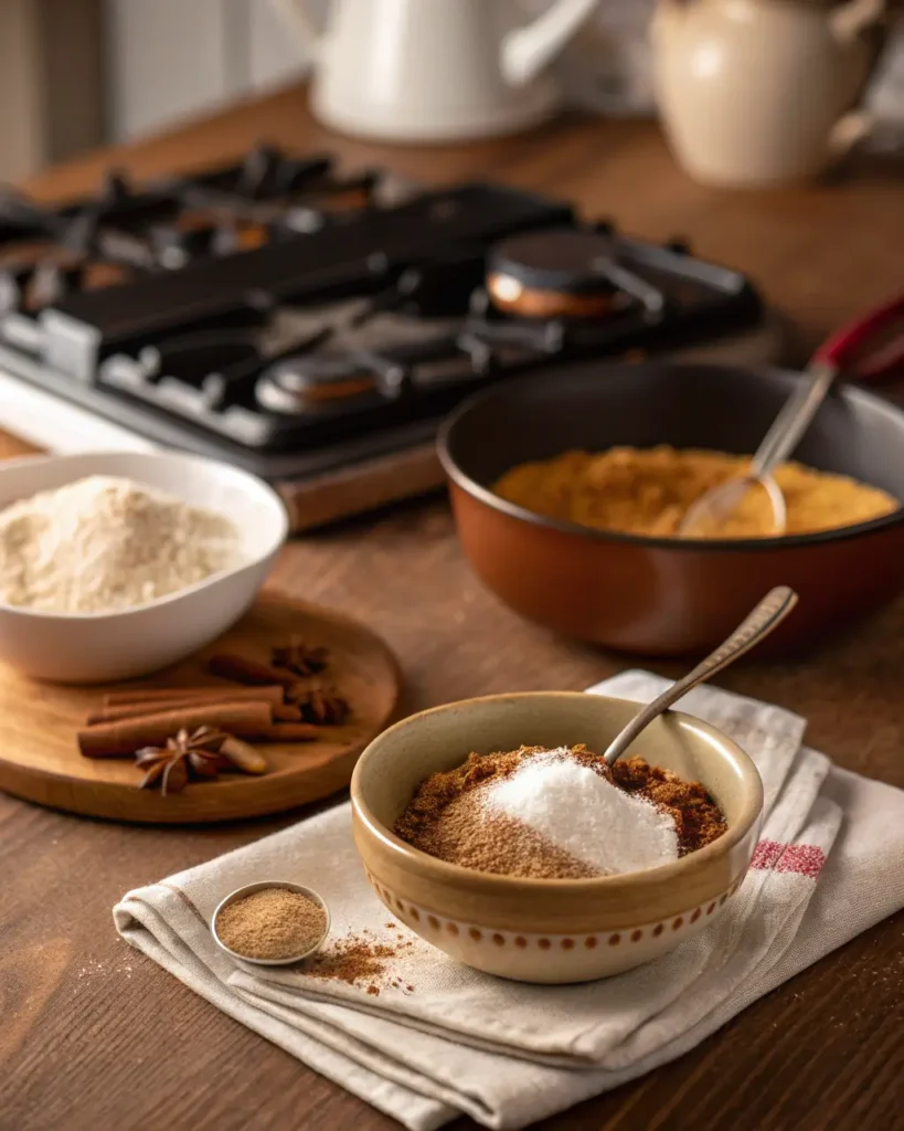 Cinnamon, sugar, and spices in a bowl on a wooden kitchen counter near a stove.