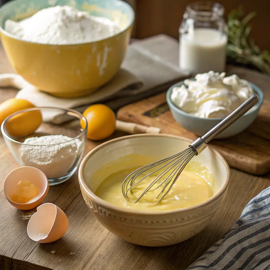 Cake batter being whisked in a mixing bowl surrounded by fresh ingredients on a wooden counter.