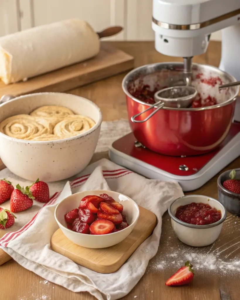 Strawberry cinnamon roll dough and fresh jam ingredients on a kitchen counter during prep.