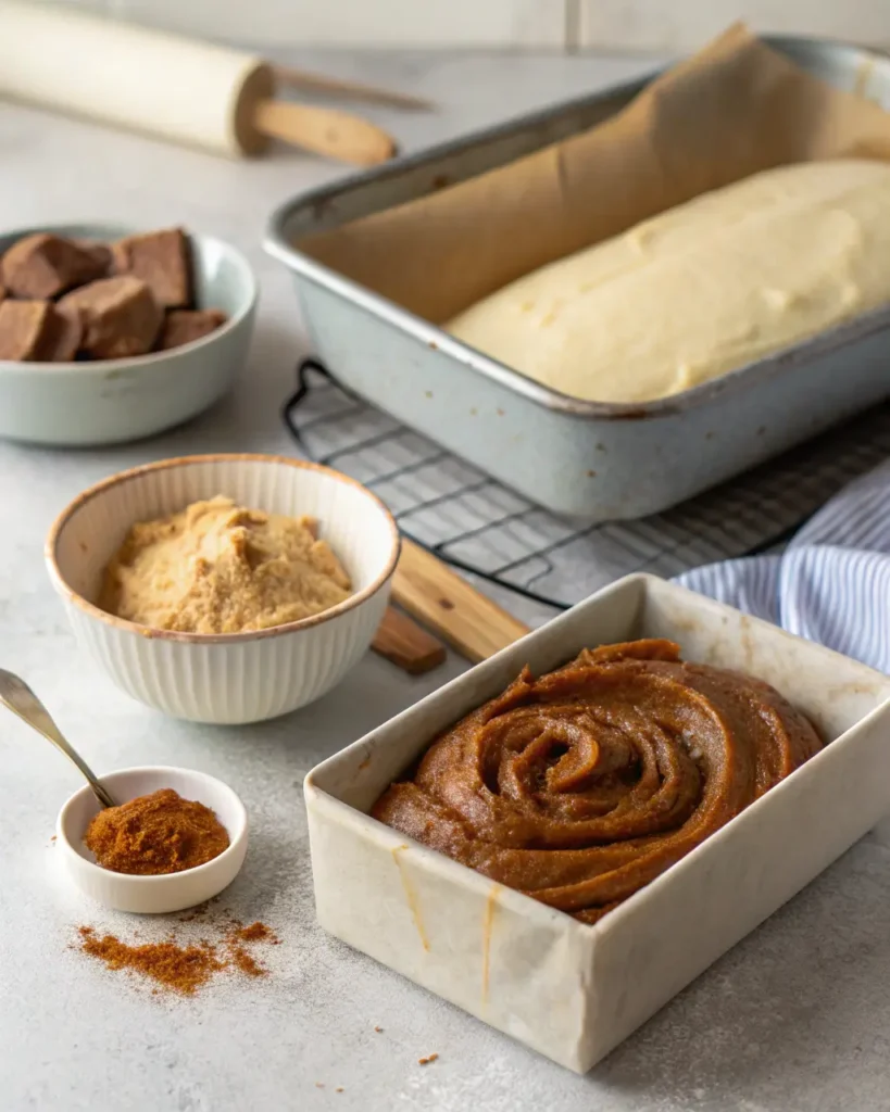 Two loaf pans showing cinnamon donut bread batter, one with a visible cinnamon swirl.