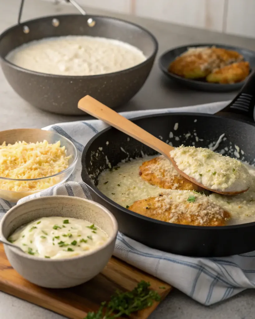 Golden chicken breasts in a skillet being topped with creamy cheese sauce and herbs.